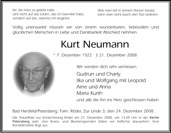 Traueranzeige von Kurt Neumann von HERSFELDER ZEITUNG