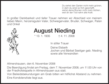 Traueranzeige von August Nieding von HERSFELDER ZEITUNG