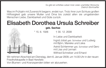Traueranzeige von Elisabeth Dorothea Ursula Schreiber von HERSFELDER ZEITUNG
