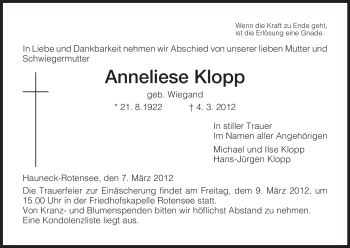 Traueranzeige von Anneliese Klopp von HERSFELDER ZEITUNG