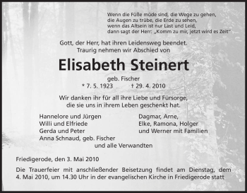 Traueranzeige von Elisabeth Steinert von HERSFELDER ZEITUNG
