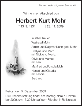 Traueranzeige von Herbert Kurt Mohr von HERSFELDER ZEITUNG