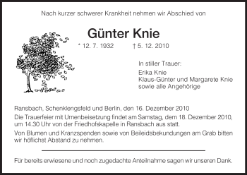 Traueranzeige von Günter Knie von HERSFELDER ZEITUNG