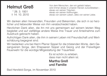 Traueranzeige von Helmut Greß von HERSFELDER ZEITUNG