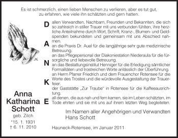 Traueranzeige von Anna Katharina Schott von HERSFELDER ZEITUNG