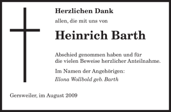 Traueranzeige von Heinrich Barth von HERSFELDER ZEITUNG