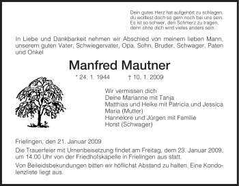 Traueranzeige von Manfred Mautner von HERSFELDER ZEITUNG