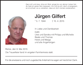 Traueranzeige von Jürgen Gilfert von Hersfeld