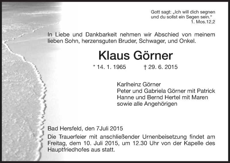 Traueranzeige für Klaus Görner vom 07.07.2015 aus Hersfeld