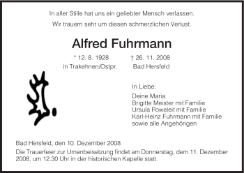 Traueranzeige von Alfred Fuhrmann von HERSFELDER ZEITUNG