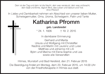 Traueranzeige von Katharina Pfromm von Hersfeld