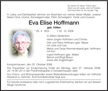 Traueranzeige von Eva Elise Hoffmann von HERSFELDER ZEITUNG