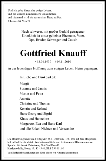 Traueranzeige von Gottfried Knauff von HERSFELDER ZEITUNG