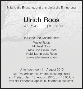 Traueranzeige von Ulrich Roos von HERSFELDER ZEITUNG