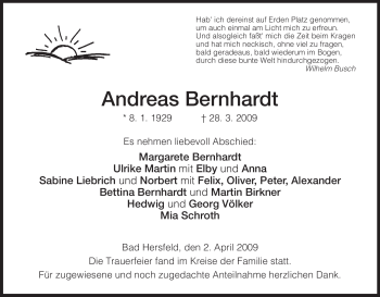 Traueranzeige von Andreas Bernhardt von HERSFELDER ZEITUNG