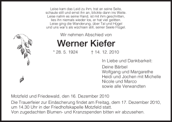 Traueranzeige von Werner Kiefer von HERSFELDER ZEITUNG