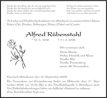 Traueranzeige von Alfred Rübenstahl von HERSFELDER ZEITUNG