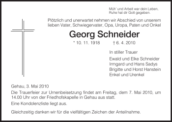 Traueranzeige von Georg Schneider von HERSFELDER ZEITUNG