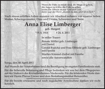Traueranzeige von Anna Elise Limberger von HERSFELDER ZEITUNG