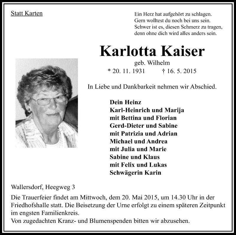  Traueranzeige für Karlotta Kaiser vom 19.05.2015 aus Hersfeld