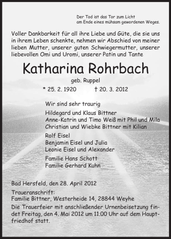 Traueranzeige von Katharina Rohrbach von HERSFELDER ZEITUNG