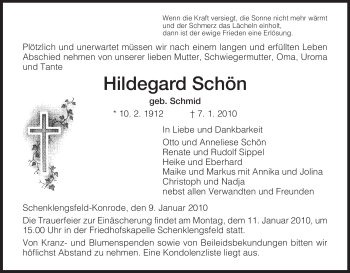 Traueranzeige von Hildegard Schön von HERSFELDER ZEITUNG