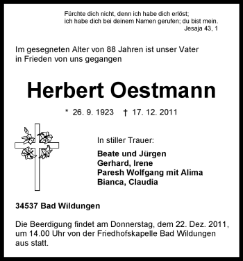 Traueranzeige von Herbert Oestmann von HERSFELDER ZEITUNG