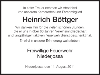 Traueranzeige von Heinrich Böttger von HERSFELDER ZEITUNG