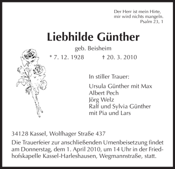 Traueranzeige von Liebhilde Günther von HERSFELDER ZEITUNG