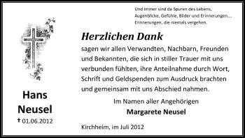 Traueranzeige von Hans Neusel von HERSFELDER ZEITUNG