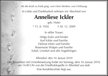 Traueranzeige von Anneliese Ickler von HERSFELDER ZEITUNG