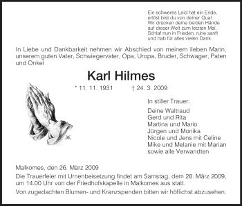 Traueranzeige von Karl Hilmes von HERSFELDER ZEITUNG