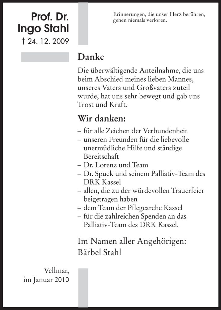  Traueranzeige für Ingo Stahl vom 30.01.2010 aus HERSFELDER ZEITUNG