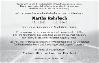 Traueranzeige von Martha Rohrbach von HERSFELDER ZEITUNG