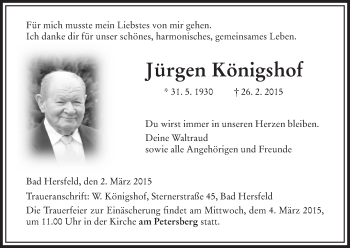 Traueranzeige von Jürgen Königshof von Hersfeld