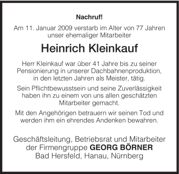 Traueranzeige von Heinrich Kleinkauf von HERSFELDER ZEITUNG