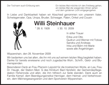 Traueranzeige von Willi Steinhauer von HERSFELDER ZEITUNG