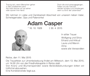 Traueranzeige von Adam Casper von Hersfeld