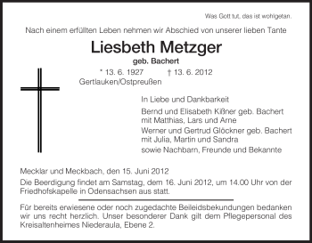 Traueranzeige von Liesbeth Metzger von HERSFELDER ZEITUNG