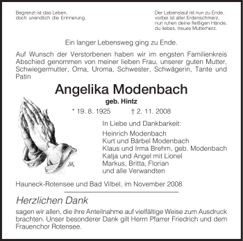 Traueranzeige von Angelika Modenbach von HERSFELDER ZEITUNG