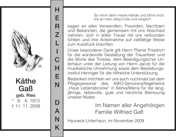 Traueranzeige von Käthe Gaß von HERSFELDER ZEITUNG