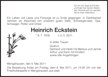 Traueranzeige von Heinrich Eckstein von HERSFELDER ZEITUNG