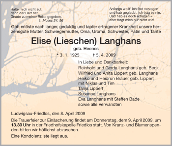 Traueranzeige von Elise Langhans von HERSFELDER ZEITUNG