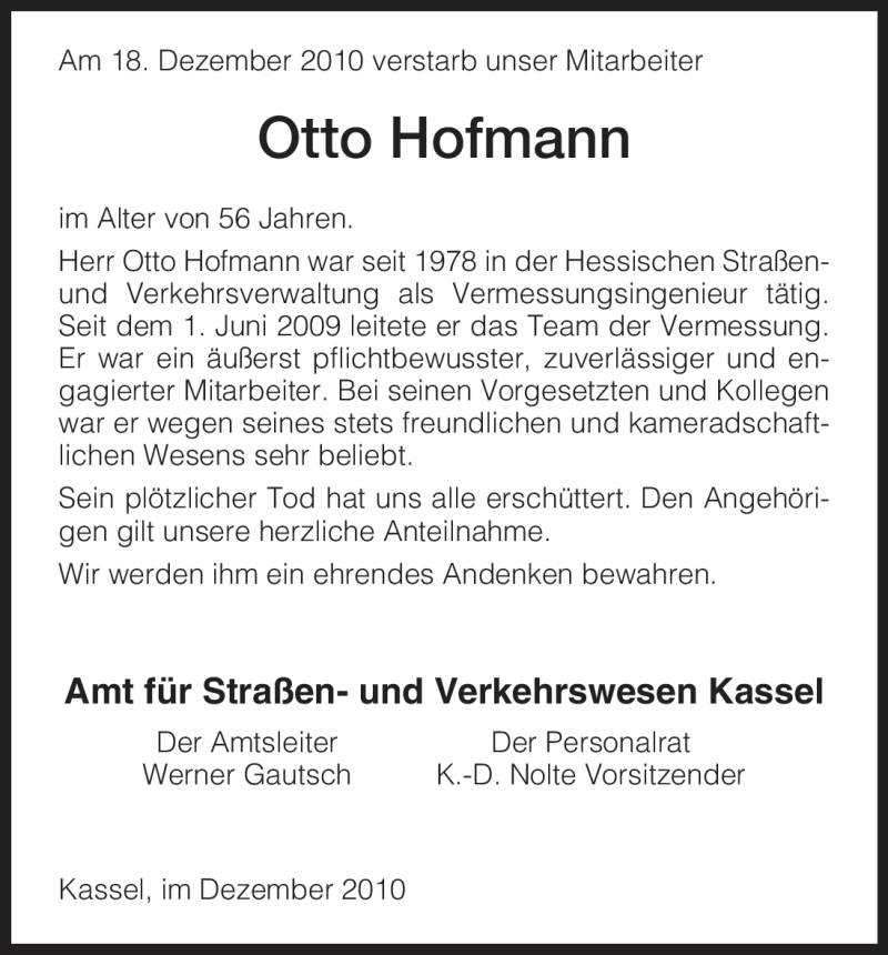  Traueranzeige für Otto Hofmann vom 22.12.2010 aus HERSFELDER ZEITUNG