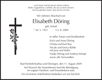 Traueranzeige von Elisabeth Döring von HERSFELDER ZEITUNG
