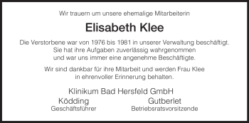 Traueranzeige von Elisabeth Klee von HERSFELDER ZEITUNG