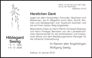 Traueranzeige von Hildegard Seelig von HERSFELDER ZEITUNG