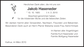 Traueranzeige von Jakob Haseneder von HERSFELDER ZEITUNG