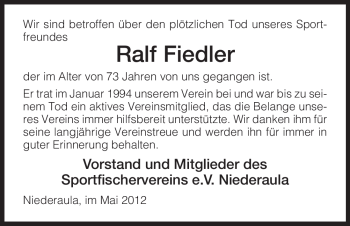 Traueranzeige von Ralf Fiedler von HERSFELDER ZEITUNG