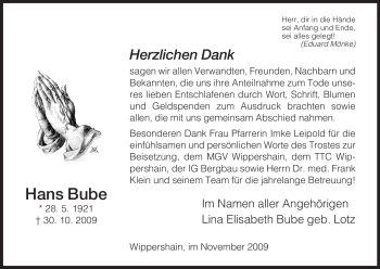 Traueranzeige von Hans Bube von HERSFELDER ZEITUNG